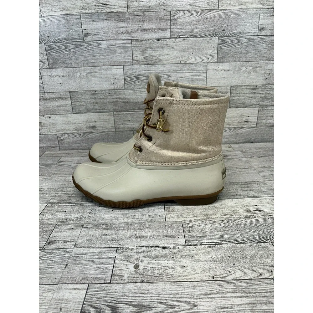 Sperry Boots Women's 9M Saltwater Duck Rain STS80493 White Cream Rubber Lace Zip